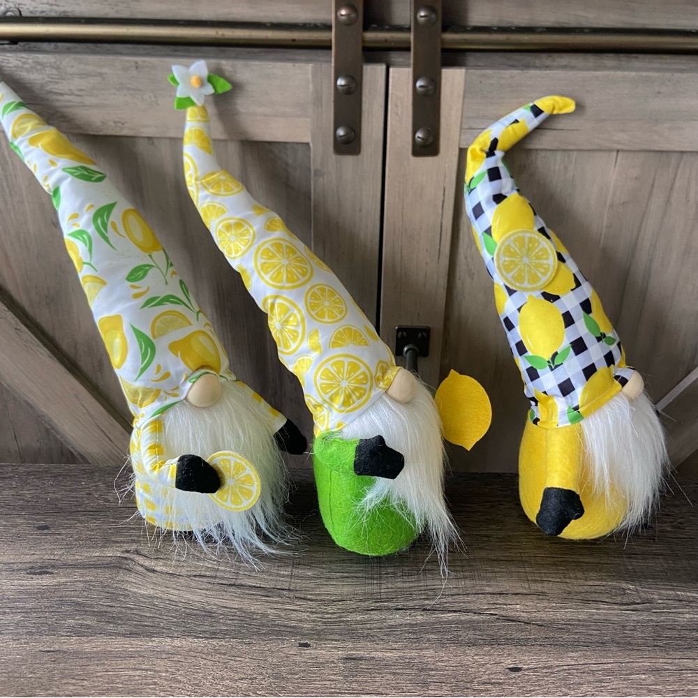 Gnome Plush Decor Spring Lemons Gingham Yellow Green Set of 3 Summer - Picture 2 of 7
